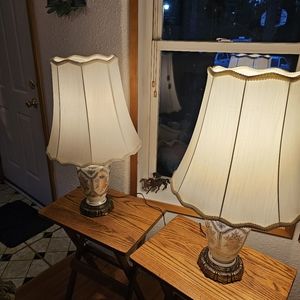 Pair Of Antigue Porcelian Gold Floral Painted Lamps With Shades.